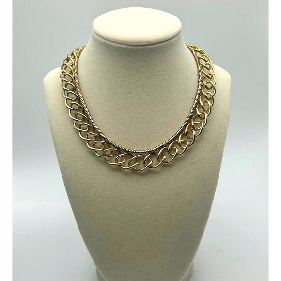 1980s Vintage Gold Tone Chain Necklace, Chunky Layered Statement Jewelry - Picture 1 of 6